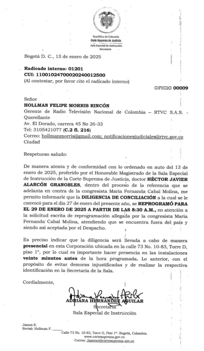 Documento oficial de la denuncia Hollman - Cabal.