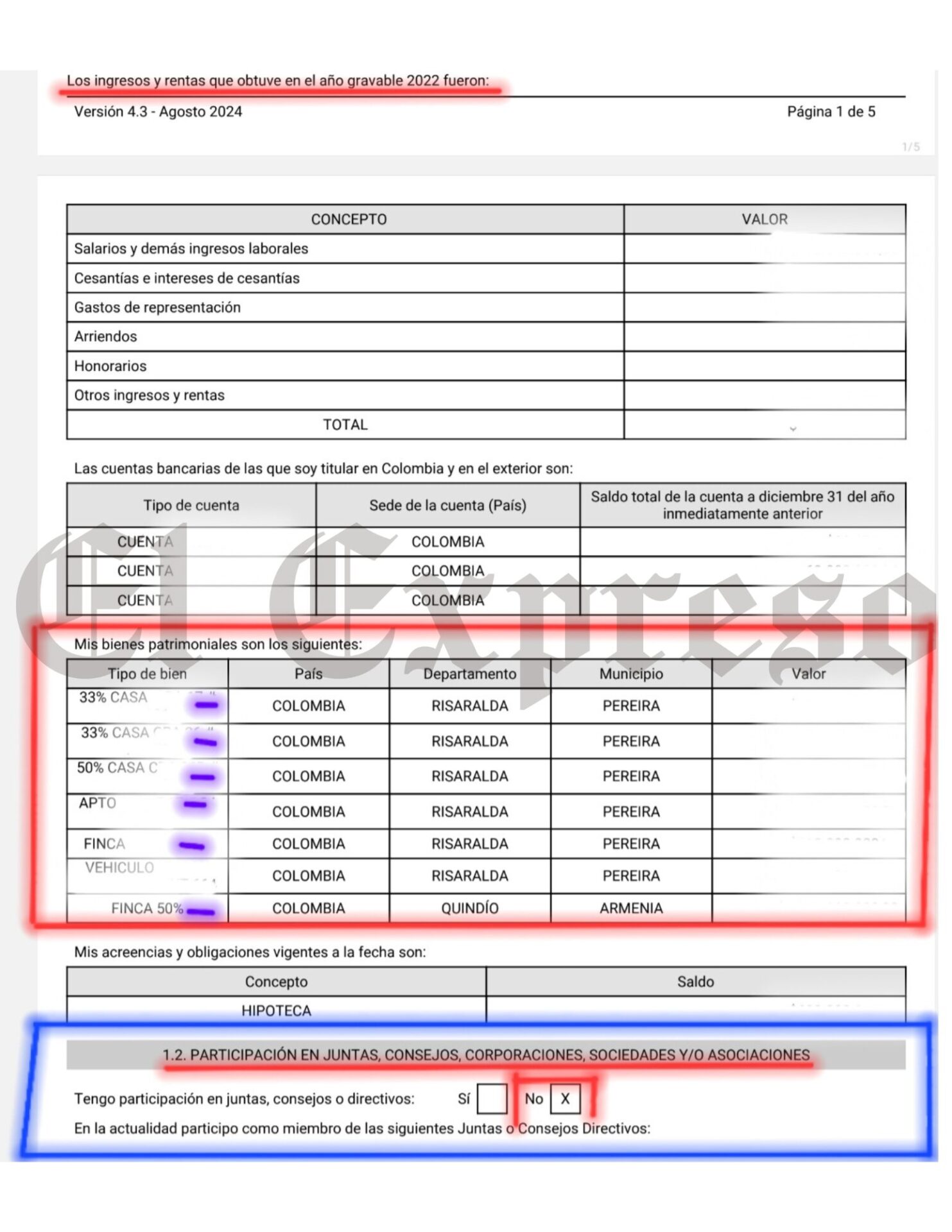 mintio el representante anibal hoyos en la declaracion juramentada de bienes y rentas reportando al parecer 6 bienes cuando posee 28 como dueno y socio mintio el representante anibal hoyos en la decla 3